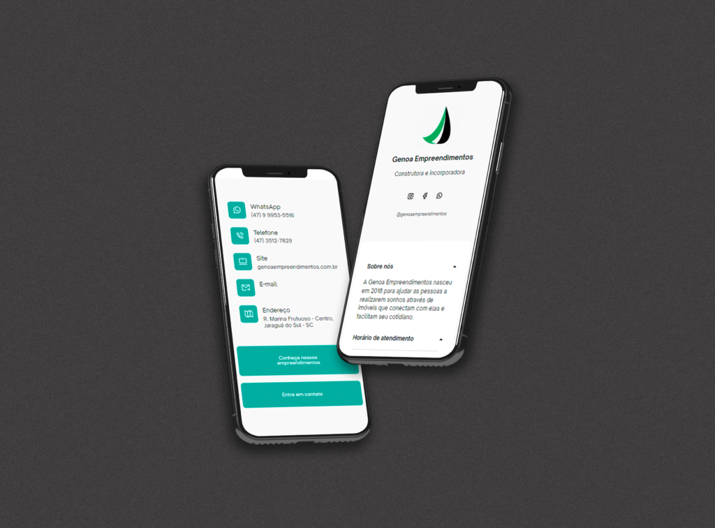 Two iPhone mockups displaying a social landing page design. The left phone shows contact buttons in turquoise including WhatsApp, phone, website, email and a physical address. The right phone showcases a company logo with a green sail-like symbol, social media icons, and expandable sections for company information against a minimalist white background. Both phones are positioned diagonally on a dark gray backdrop.