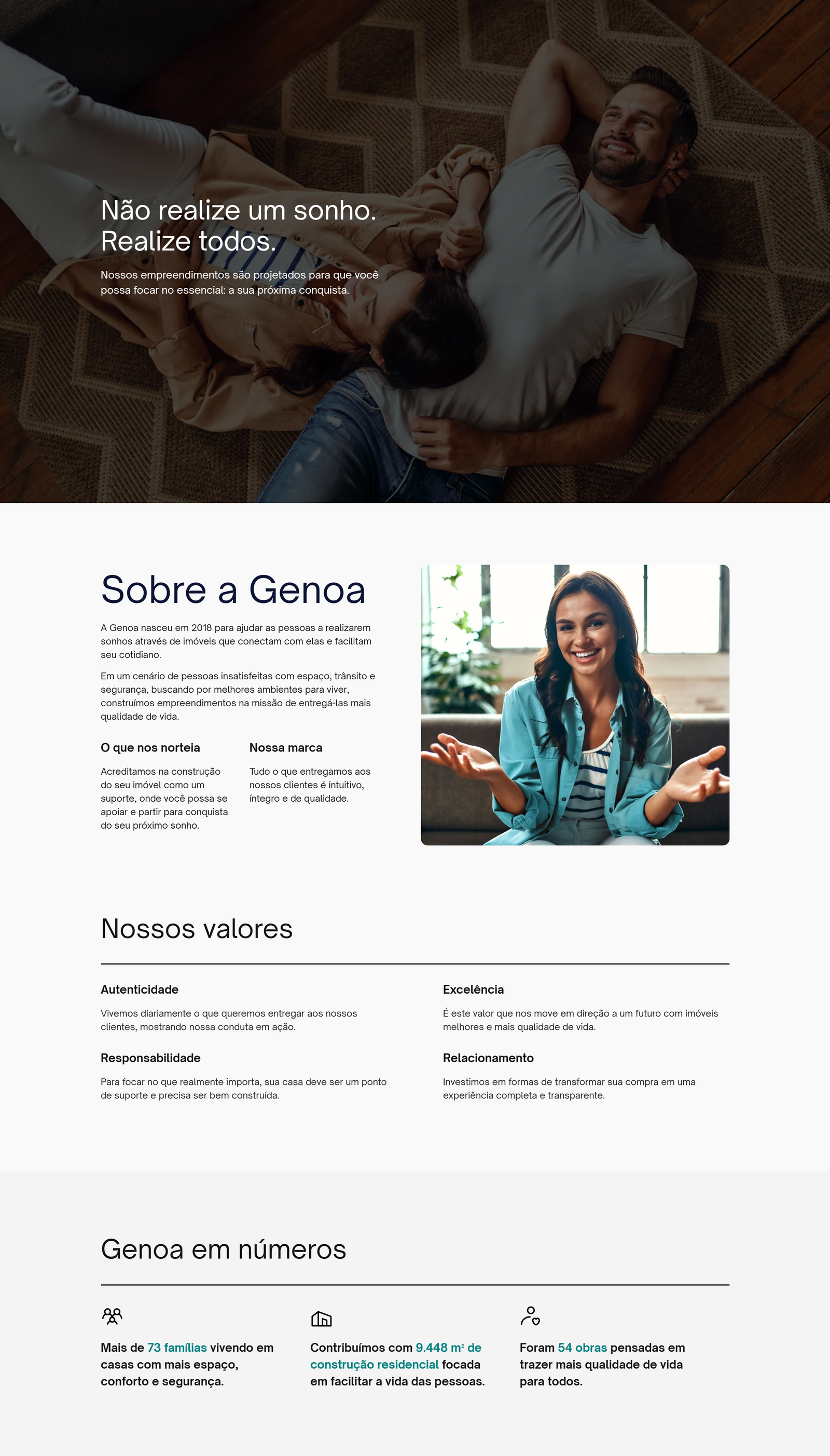 Screenshot of Genoa Empreendimentos' about page featuring a clean, modern design. The page displays company information including their founding story, values, and key statistics. The layout includes a hero image with overlaid text, company description sections, four core values (Authenticity, Excellence, Responsibility, and Relationship), and achievement metrics showing their impact in residential construction.