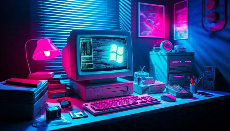 A creative photograph in the aesthetic style of the 1980s with blue and pink tones, depicting a vintage Windows computer setup. The Windows computer has a glowing screen showing abstract code, and the desk is cluttered with retro technology like floppy disks and old keyboards. The room is dimly lit with neon blue and pink lights casting dramatic shadows.