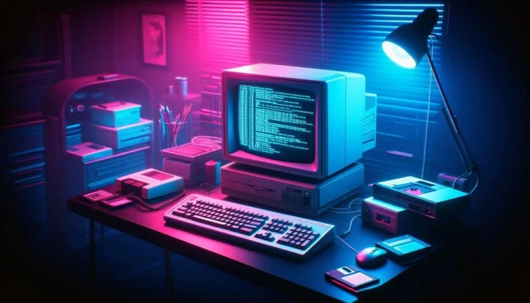 A creative photograph in the aesthetic style of the 1980s with blue and pink tones, depicting a vintage computer setup. The computer has a glowing screen showing abstract code, and the desk is cluttered with retro technology like floppy disks and old keyboards. The room is dimly lit with neon blue and pink lights casting dramatic shadows. Capture from an eye-level perspective with soft, diffused lighting to enhance details.